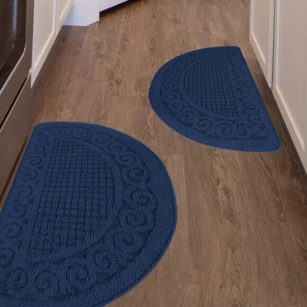 New Set of 2 Navy Kitchen Mat, Non-Skid, Washable, Absorbent Half Circle Rugs